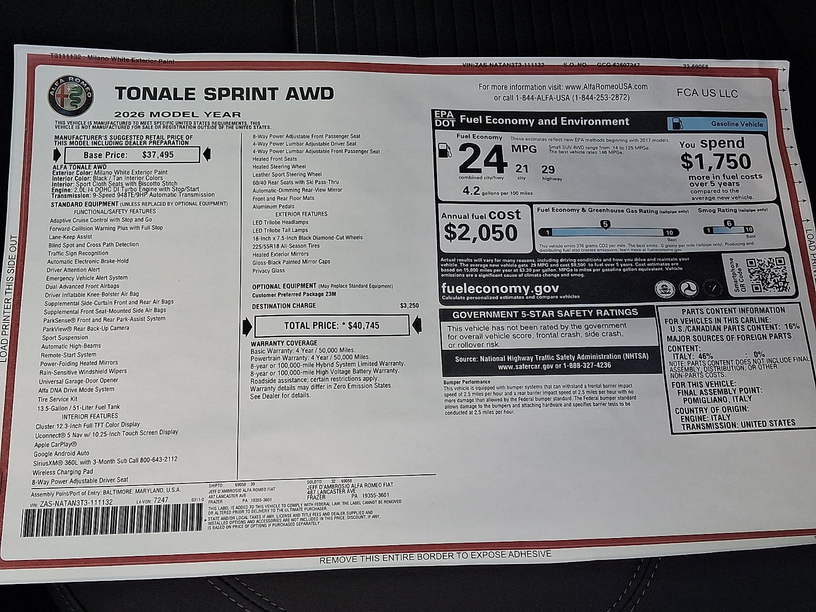 2026 Alfa Romeo Tonale Sprint